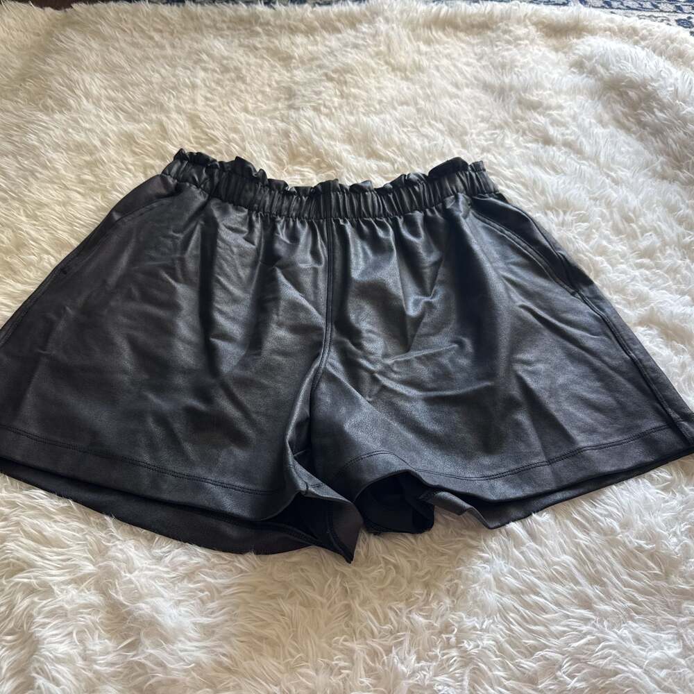 Athleta Black Faux Leather High-Waisted Paperbag Shorts with Pockets
